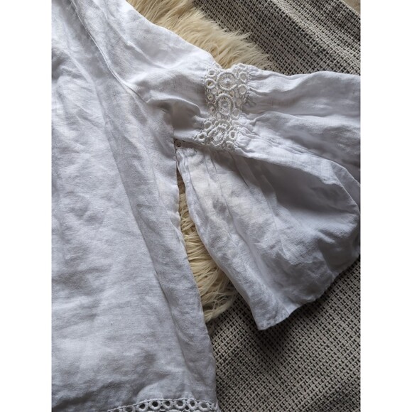 Crown & Ivy Women's M White Linen Blend Quarter Sleeve Bell Sleeve Summer Blouse - Picture 15 of 16